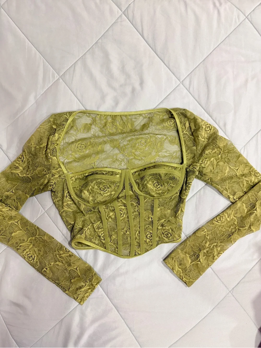Lace Long-Sleeve Corset Top in Olive Green